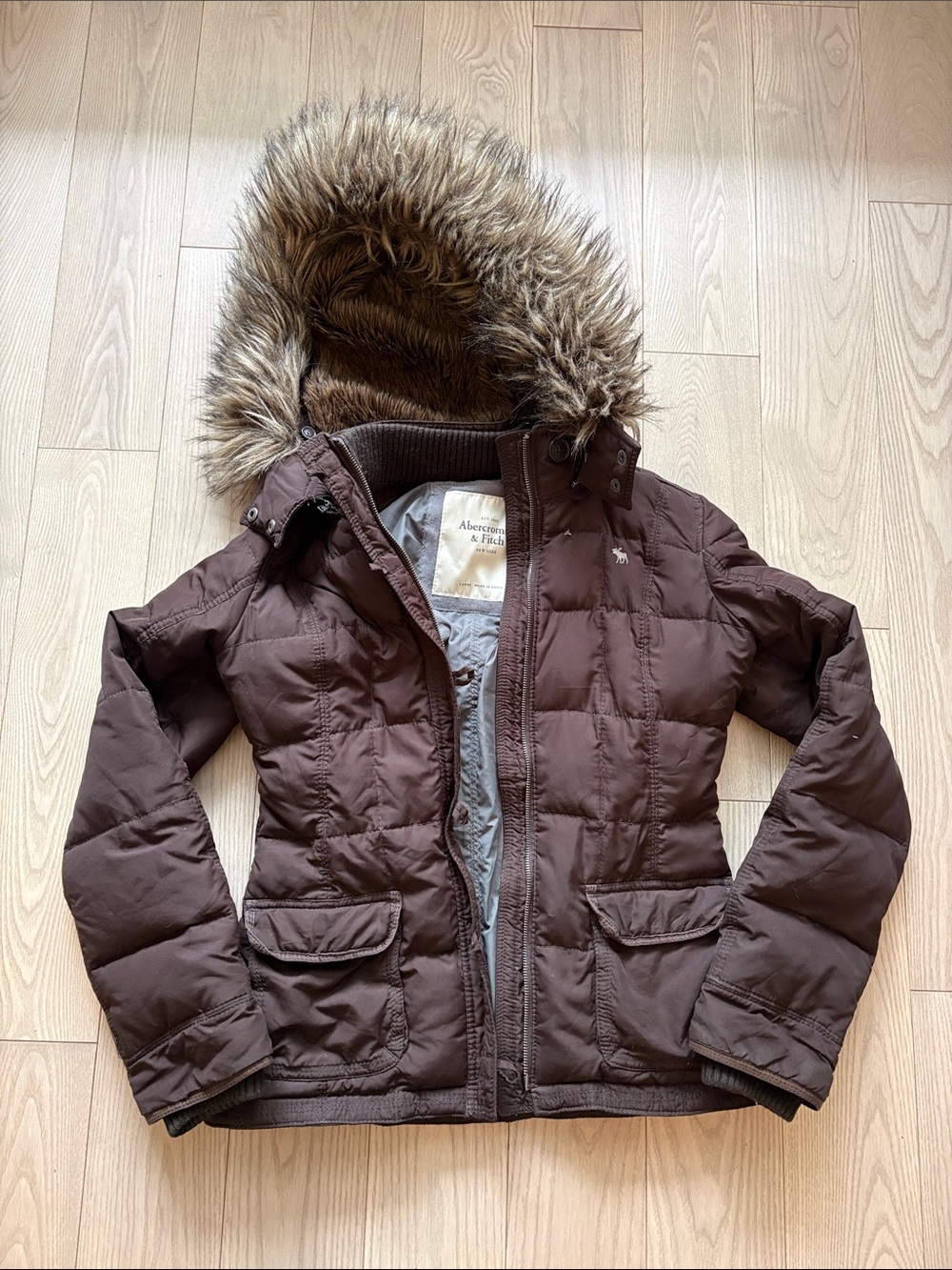 Abercrombie & Fitch Brown Faux-Fur Hooded Puffer y2k Jacket